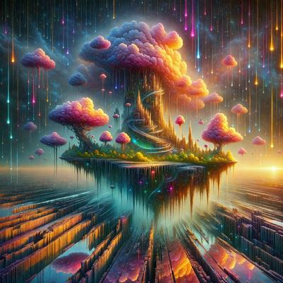 The primary subject of the image is a surreal, colorful landscape featuring a castle-like structure with a spiral staircase. The setting is a fantastical, dream-like environment with a sky filled with colorful clouds. The visual style is a digital art or illustration, creating a vibrant and imaginative atmosphere. The dominant colors are pink, purple, and blue, giving the scene a whimsical and magical mood.